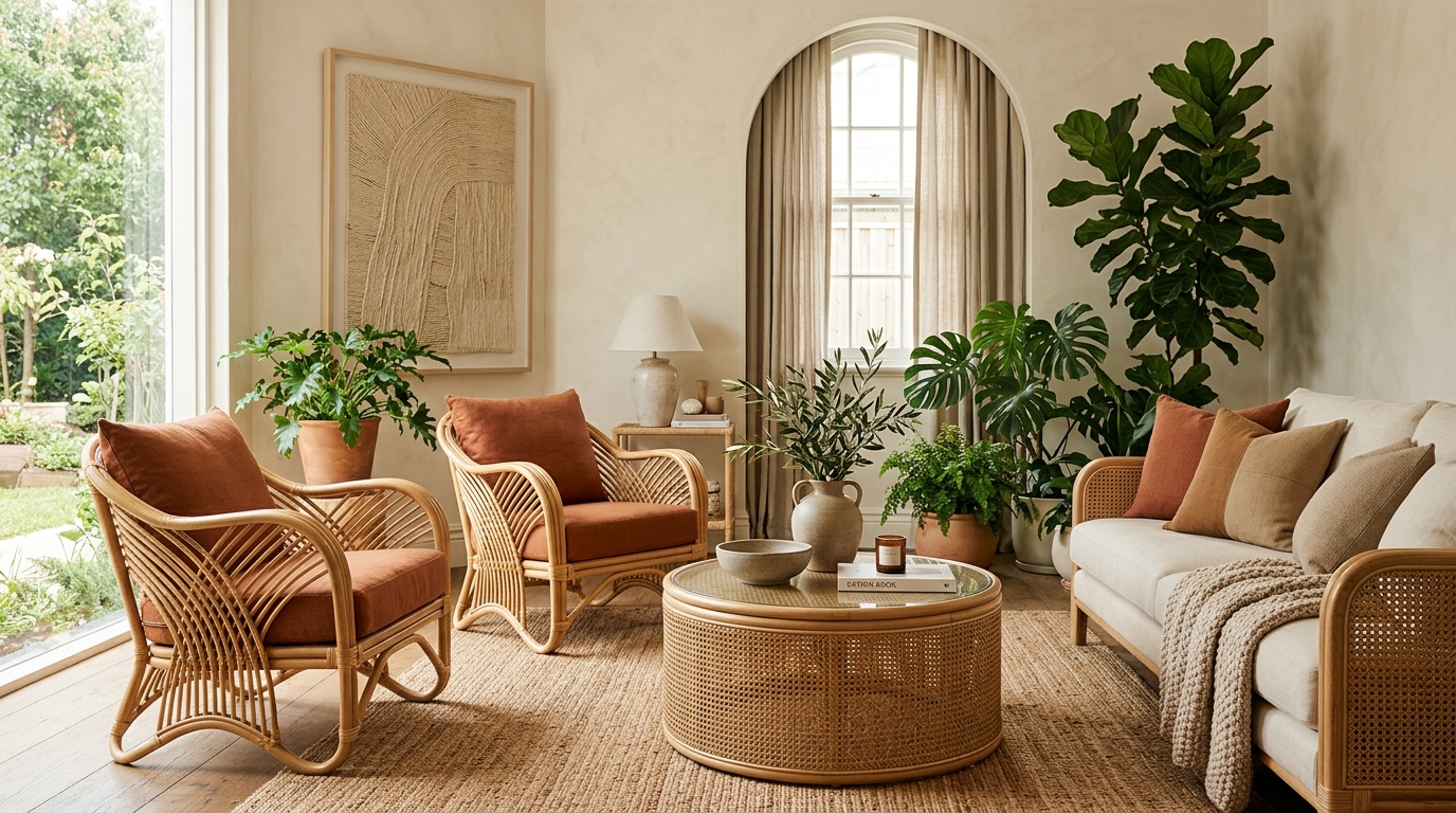 Luxury cane and rattan furniture collection in a beautifully styled living room